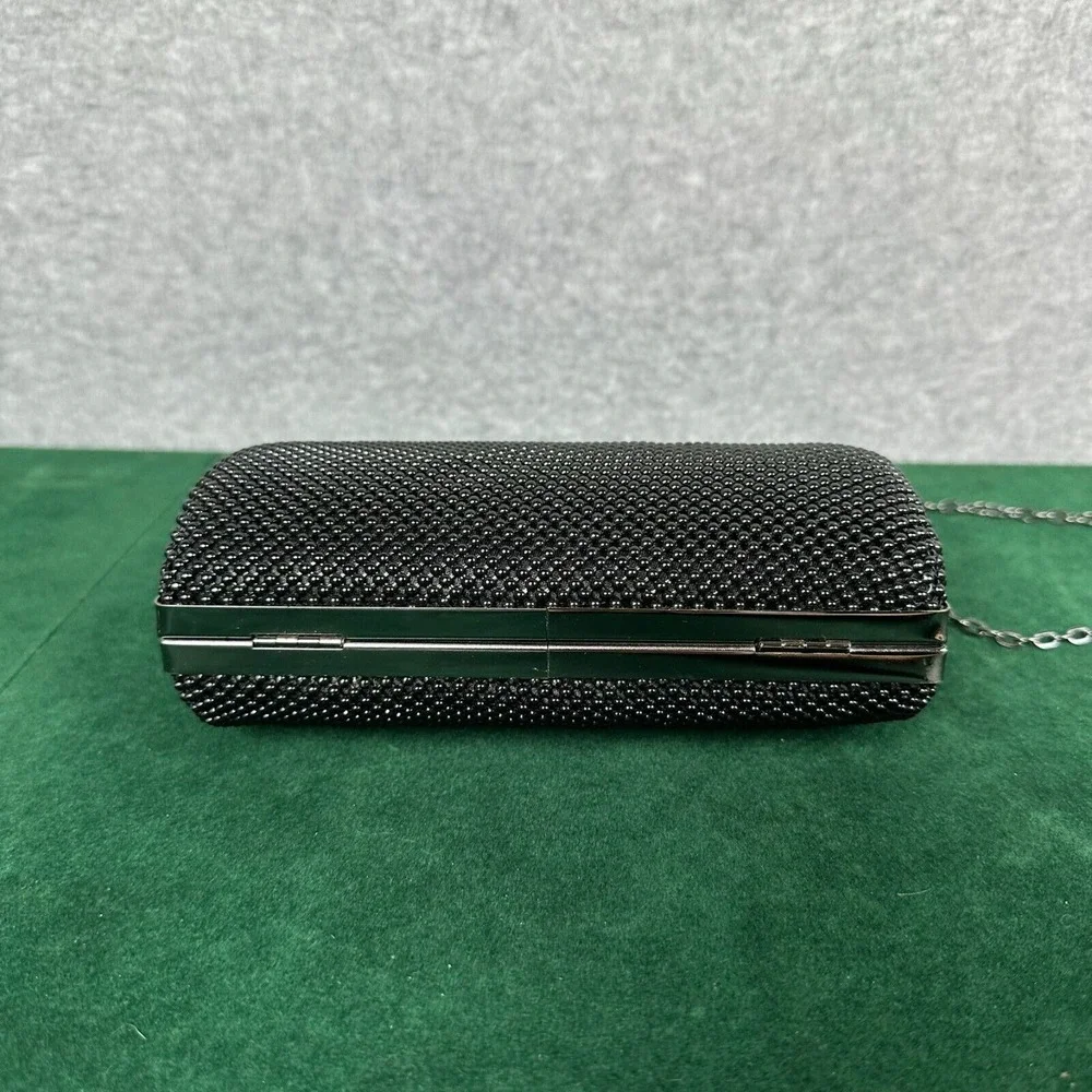 Fully‎ Beaded Evening Bag Black Purse Hard Shell Clutch Hideaway Crossbody Chain